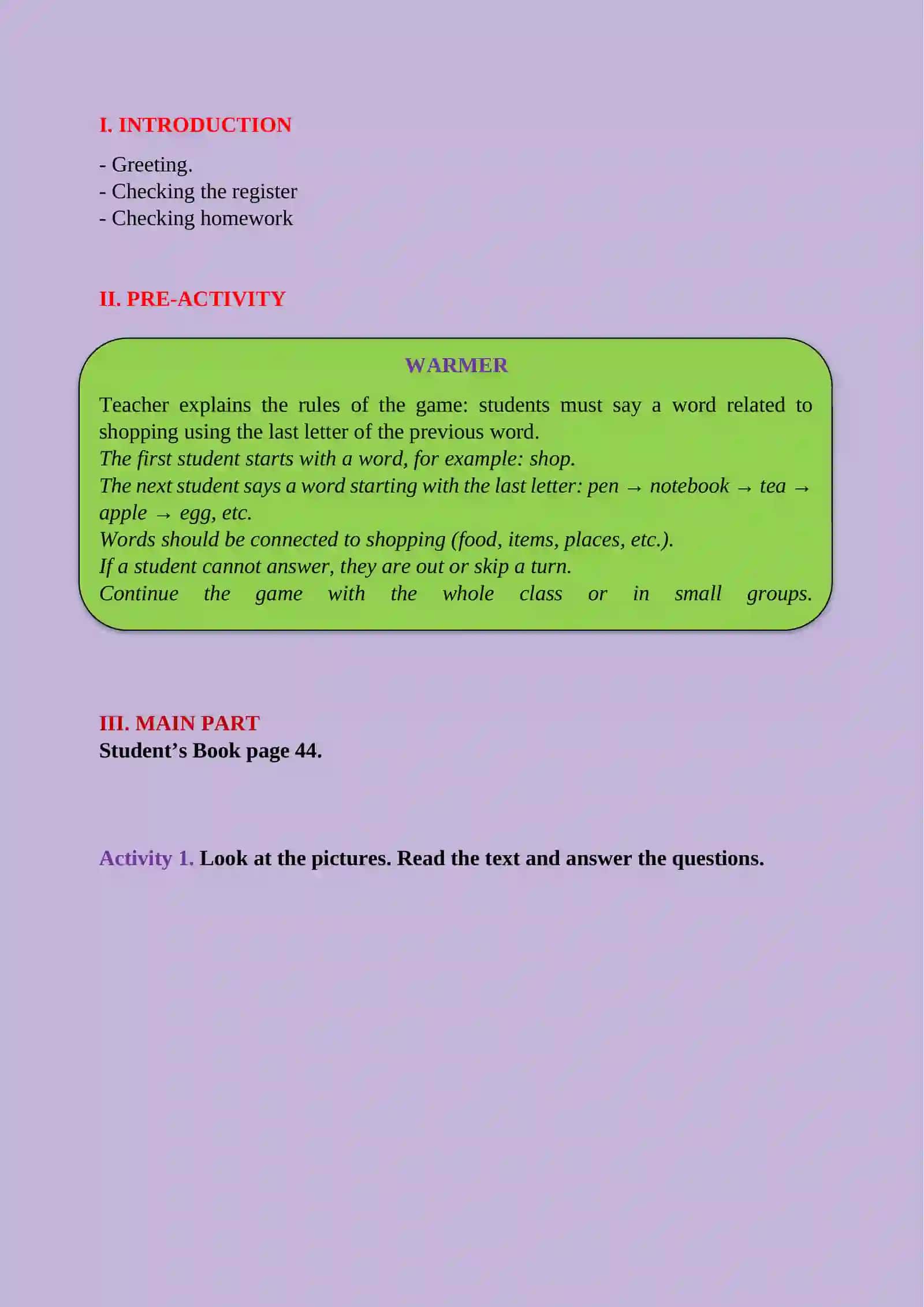Lesson plan "Shopping" Grade-7 3