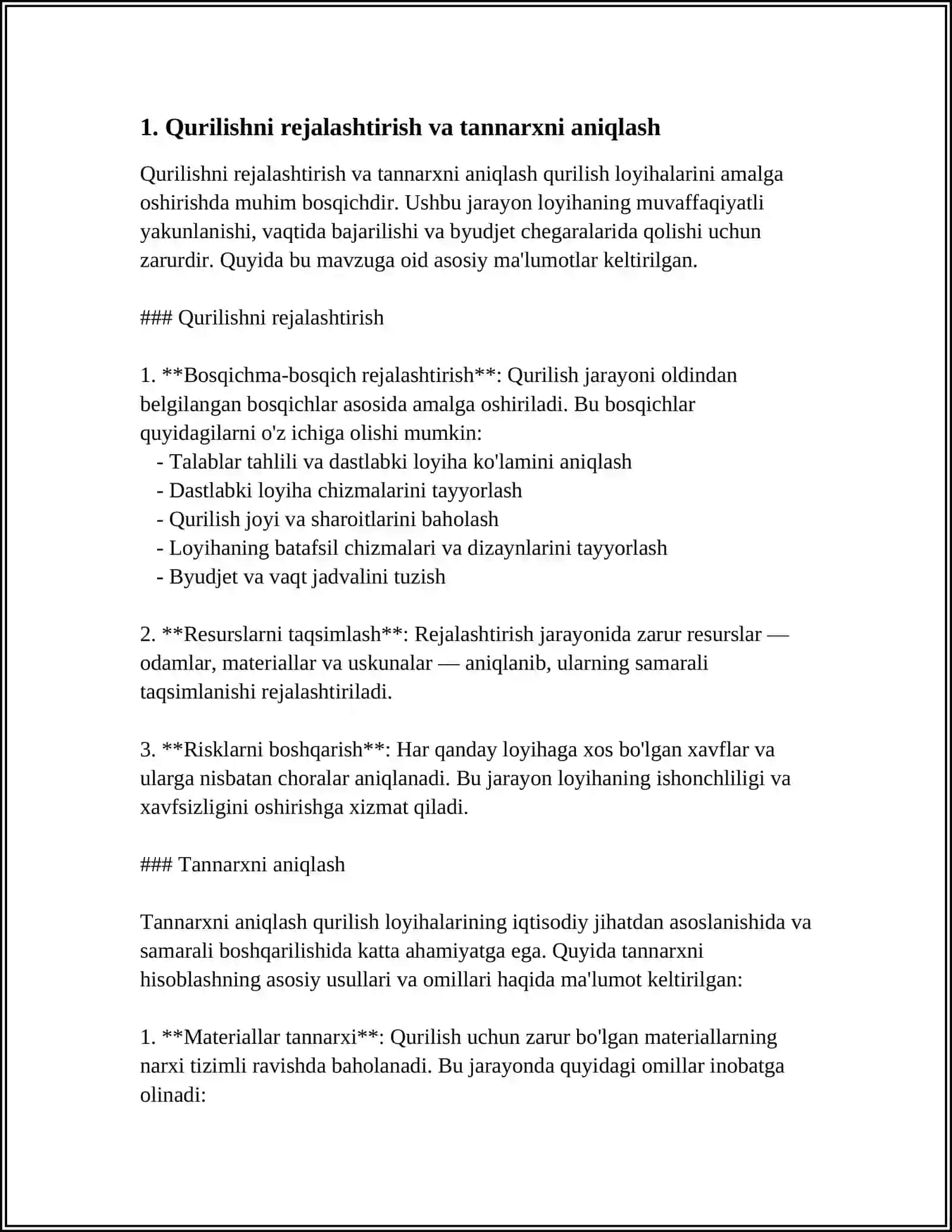 QURILISH MAHSULOTINING TANNARXI, FOYDA VA RENTABELLIK 3
