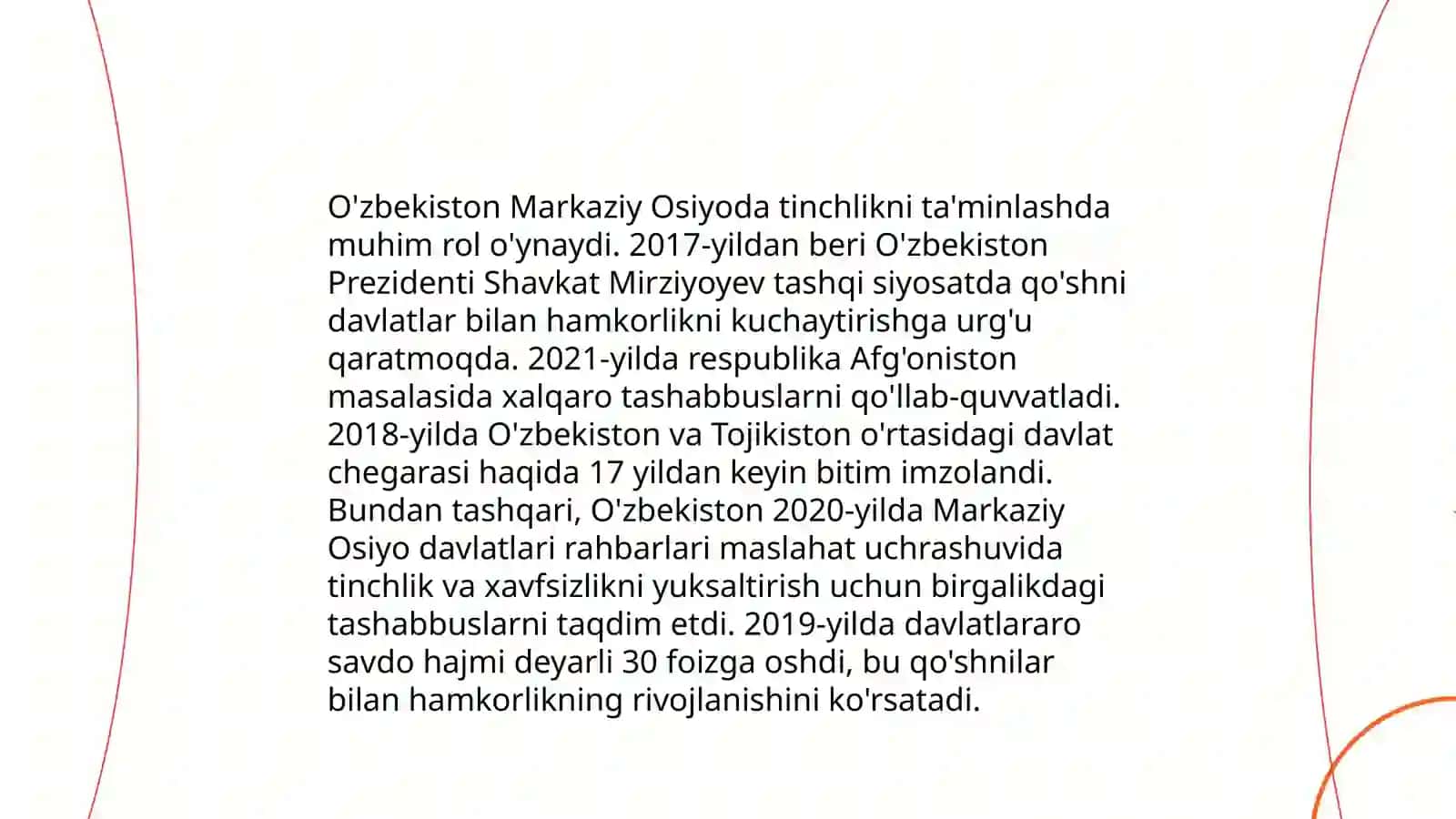 O'zbekistonning Markaziy Osiyoda tinchlik va Barqarorlikni taminlashdagi o'rni 3