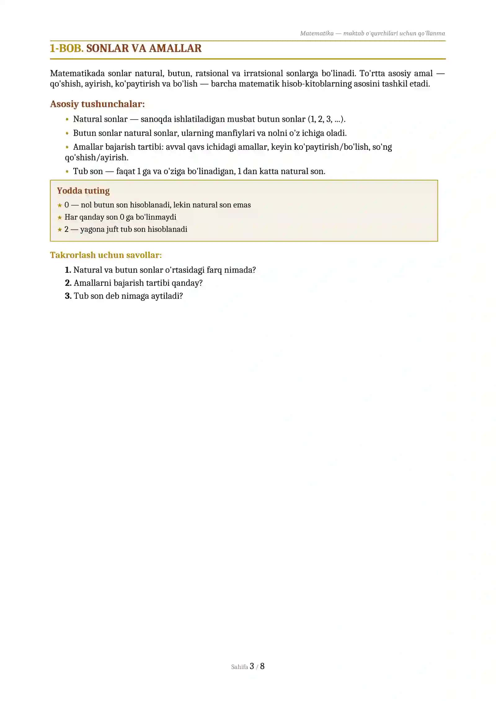 MATEMATIKA
MAKTAB O'QUVCHILARI UCHUN QO'LLANMA 3