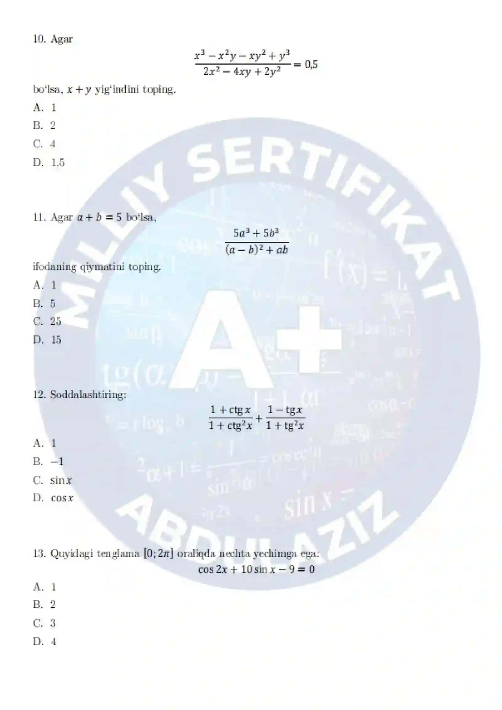 📚"Matematika Milliy Sertifikat — MOCK TEST | To‘liq sinov varianti" 3