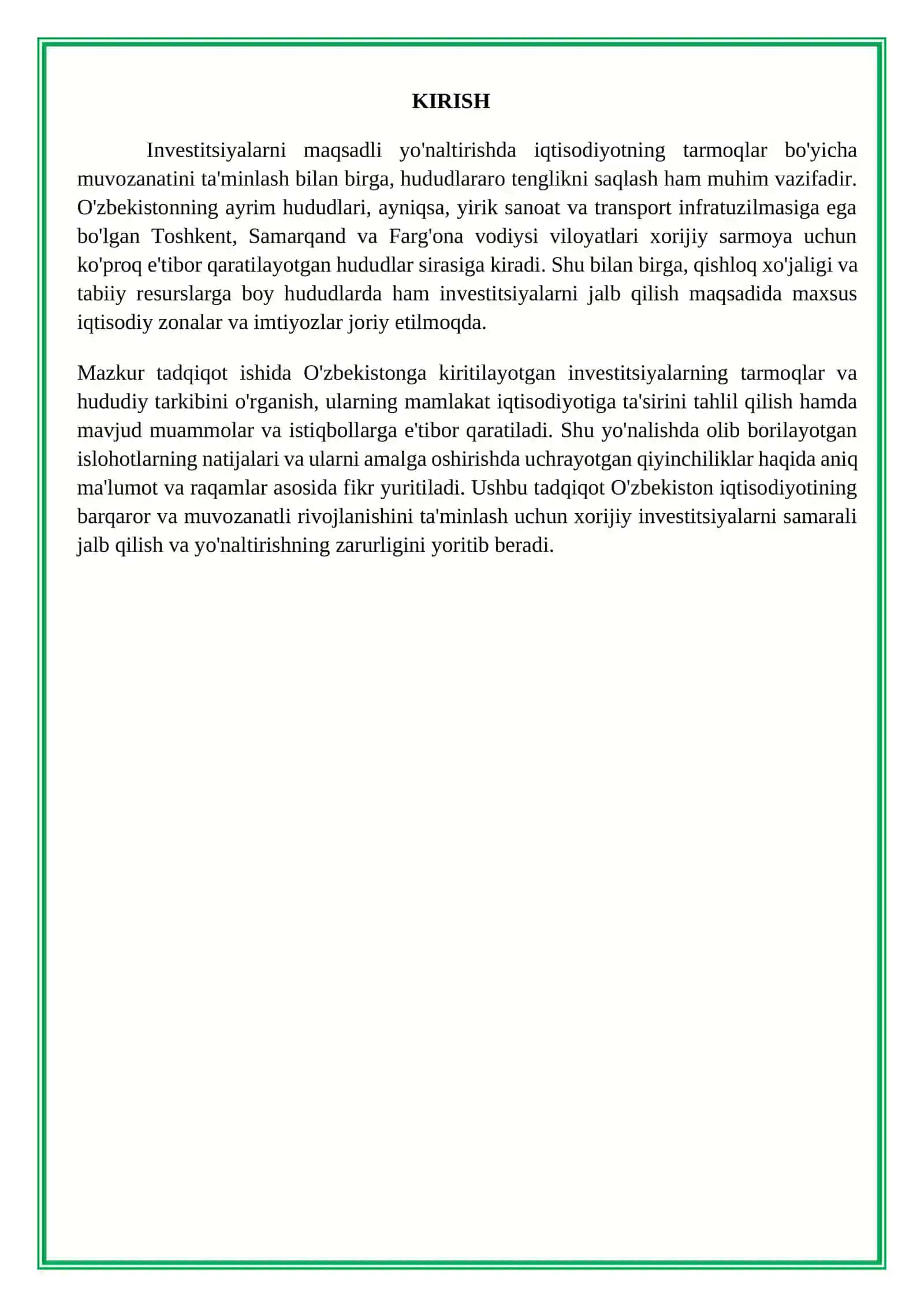 O‘ZBEKISTONGA KIRITILAYOTGAN INVESTITSIYALARNING TARMOQLAR VA HUDUDIY TARKIBI 3