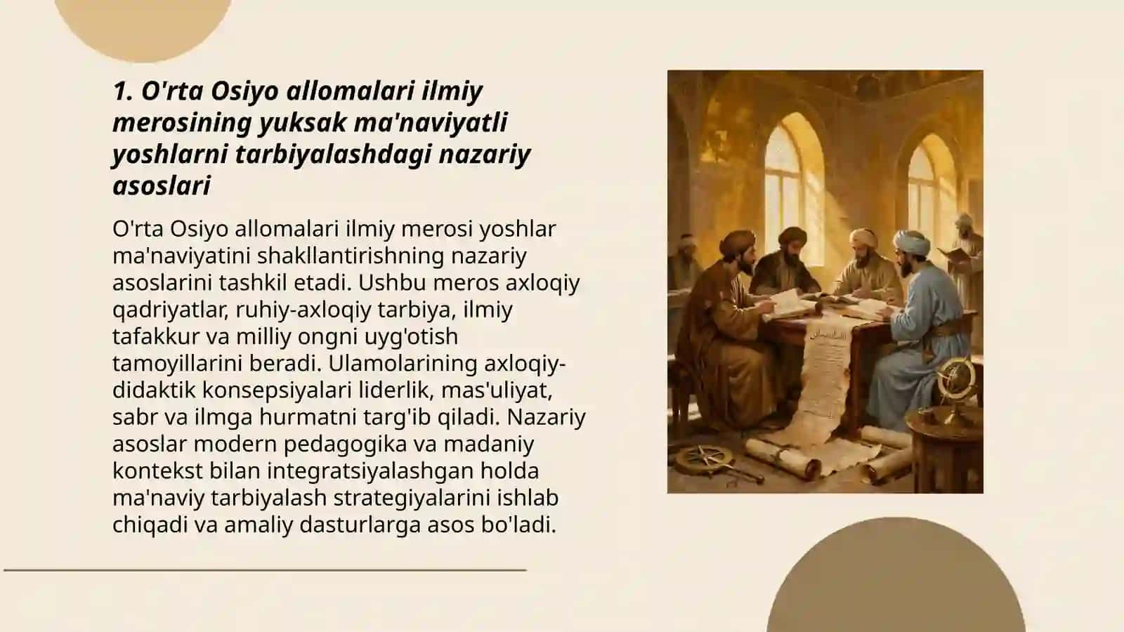 Yuksak ma'naviyayli yoshlarni tarbiyalashda O'rta Osiyo allomalari ilmiy merosining o‘rni 3
