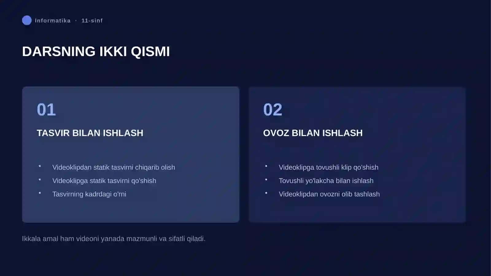 VIDEOKLIPDAN TASVIR HOSIL QILISH. VIDEOKLIPGA OVOZLI MA'LUMOT QO'SHISH VA O'CHIRISH 3