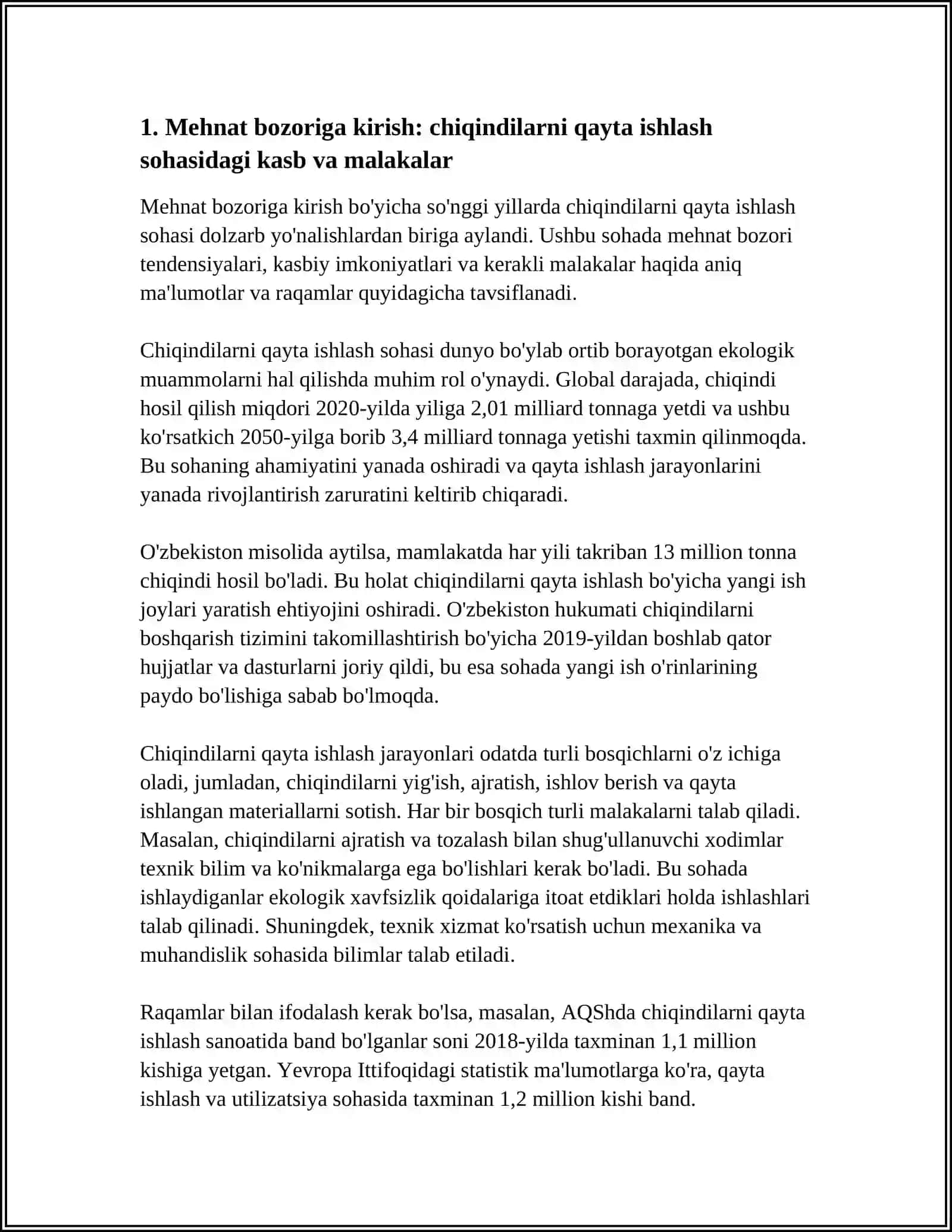 TEXNOLOGIYA DARSLARIDA ZAMONAVIY MEHNAT BOZORIGA CHIQINDILARDAN QAYTA ISHLASH TEXNOLOGIYASI 3