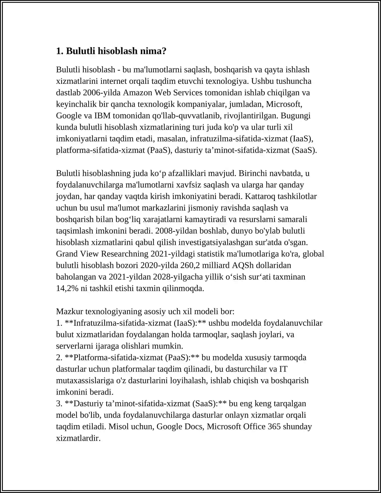 BULUTLI XIZMATLAR VA ULARNING IMKONIYATLARIDAN FOYDALANISHNI OʻRGATADIGAN AMALIY QOʻLLANMA TAYYORLASH 3