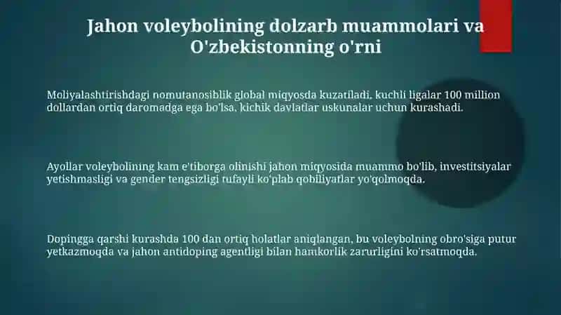 Jahon va ozbekistonda valiboln rivojlantrishning dalzard momolari 3