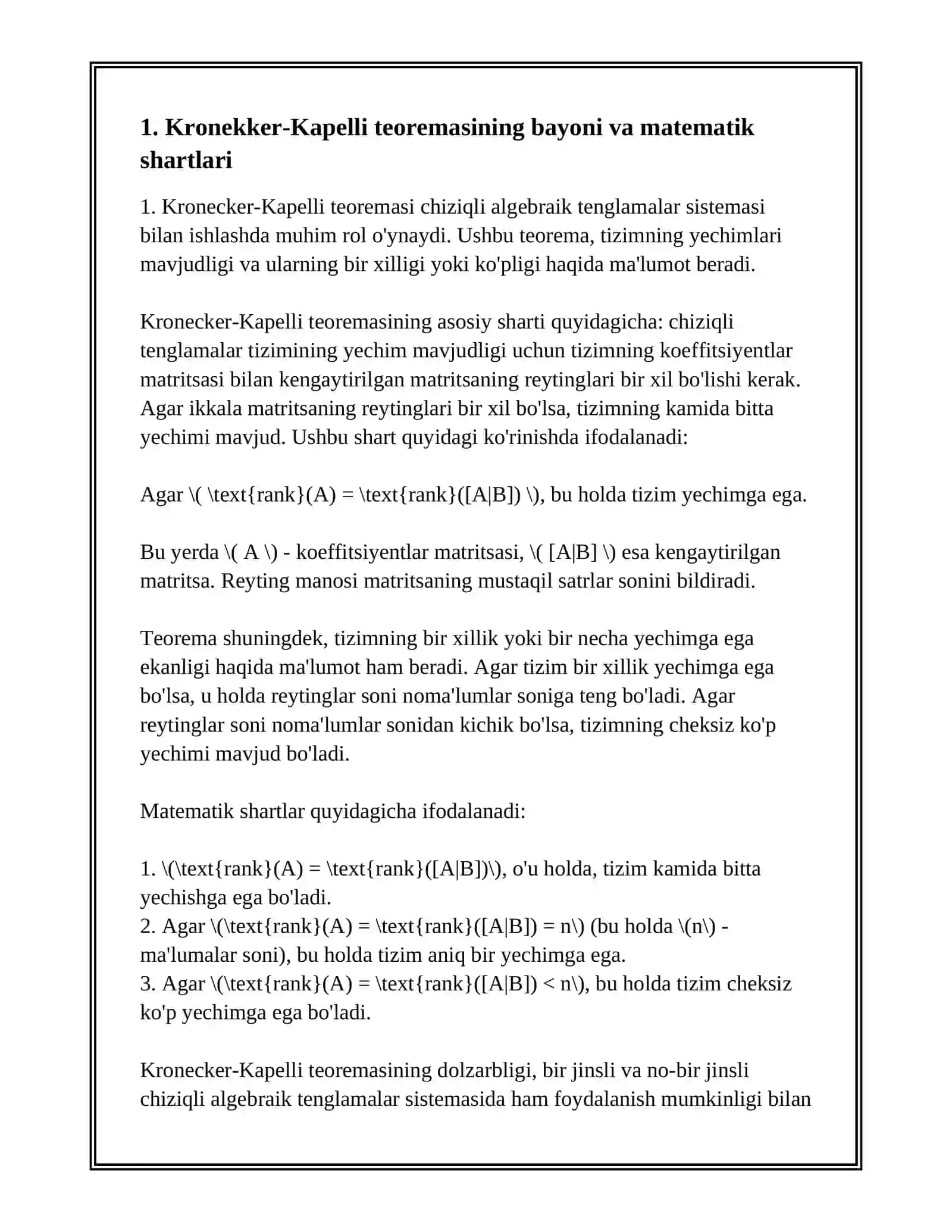KRONEKKER-KAPELLI TEOREMASI.BIR JINSLI CHIZIQLI ALGEBRAIK TENGLAMALAR SISTEMASI 3