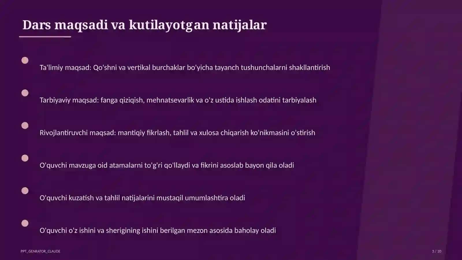 Qo'shni va vertikal burchaklar (7-sinf) Geometriya (7– 11) — takrorlash darsi uchun 3