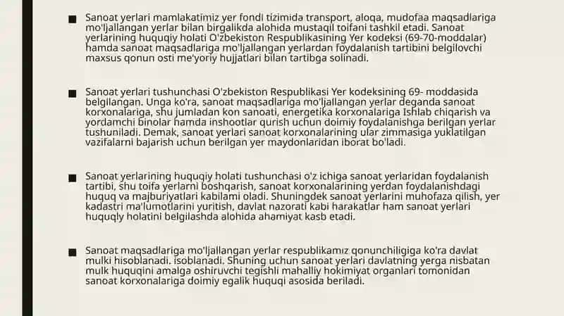 Sanoat transport aloqa ga mo’ljallangan yerlarning huquqiy holati 3