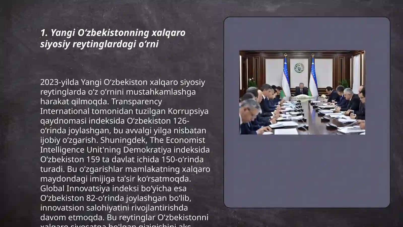 Yangi Oʻzbekistonda ijtimoiy -siyosiy iqtisodiy va madaniy hayotida roʻy berayotgan oʻzgarishlarning xalqaro reyting va indekslarda aks etishi 3