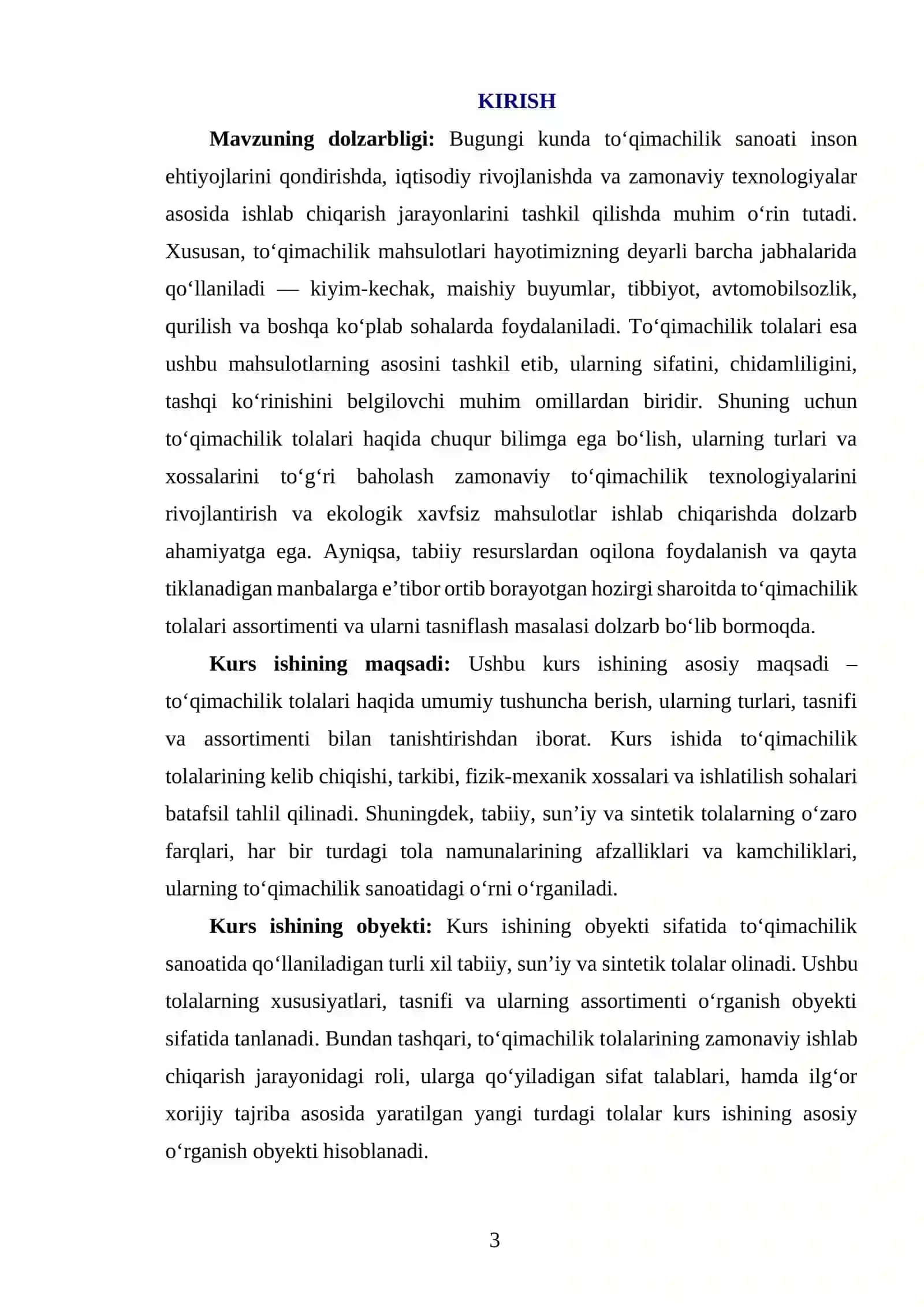 TO'QIMACHILIK TOLALARI HAQIDA UMUMIY TUSHUNCHA. TO'QIMACHILIK TOLALARINING TASNIFI VA ASSORTIMENTI 3
