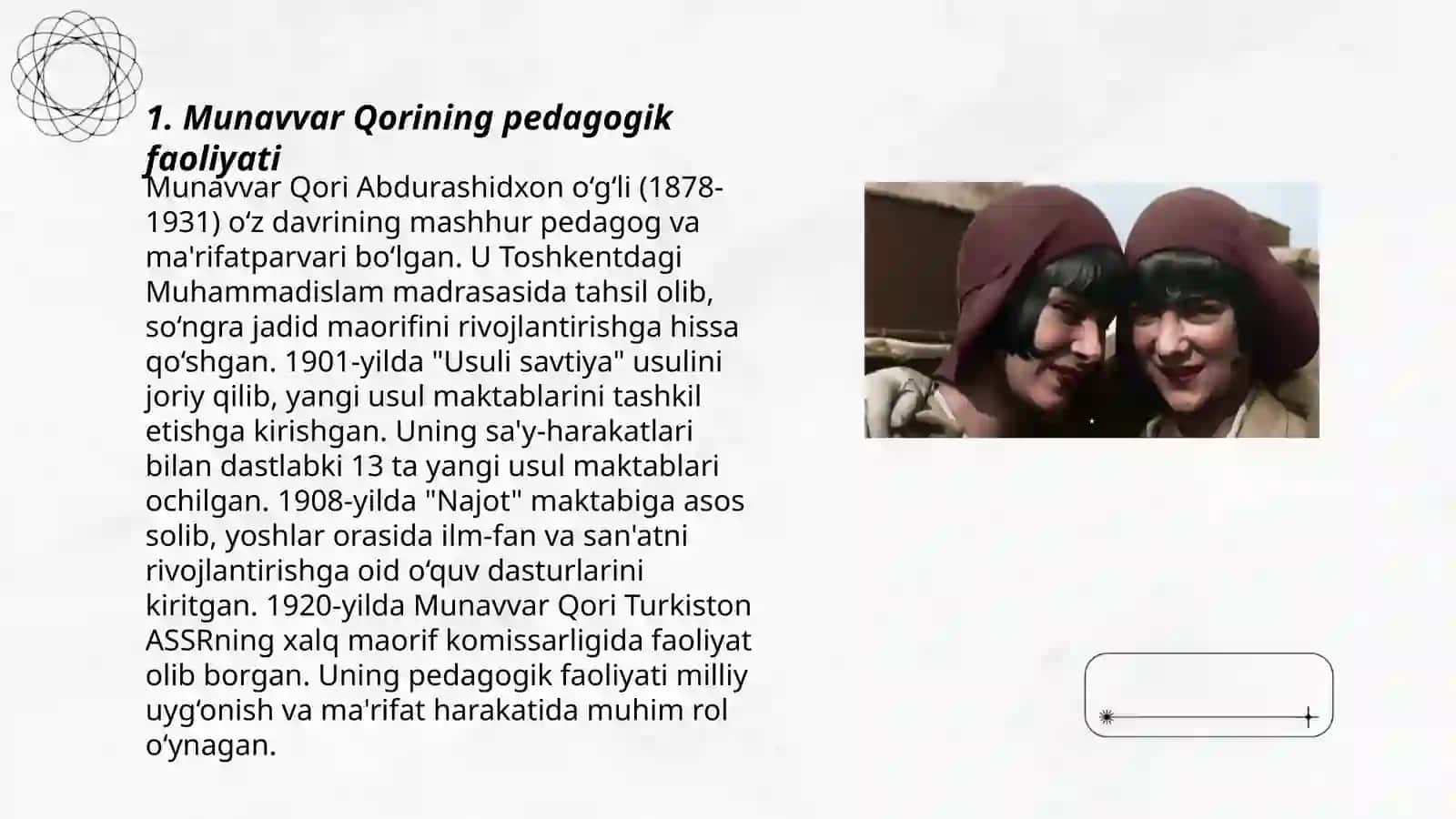 Jadid maʼrifatparvarlarining oʻlka ijtimoiy -ma'naviy hayotida tutgan oʻrni (Munavvar Qori, Fitrat, Behbudiy, A.Avloniy va boshqalar) 3