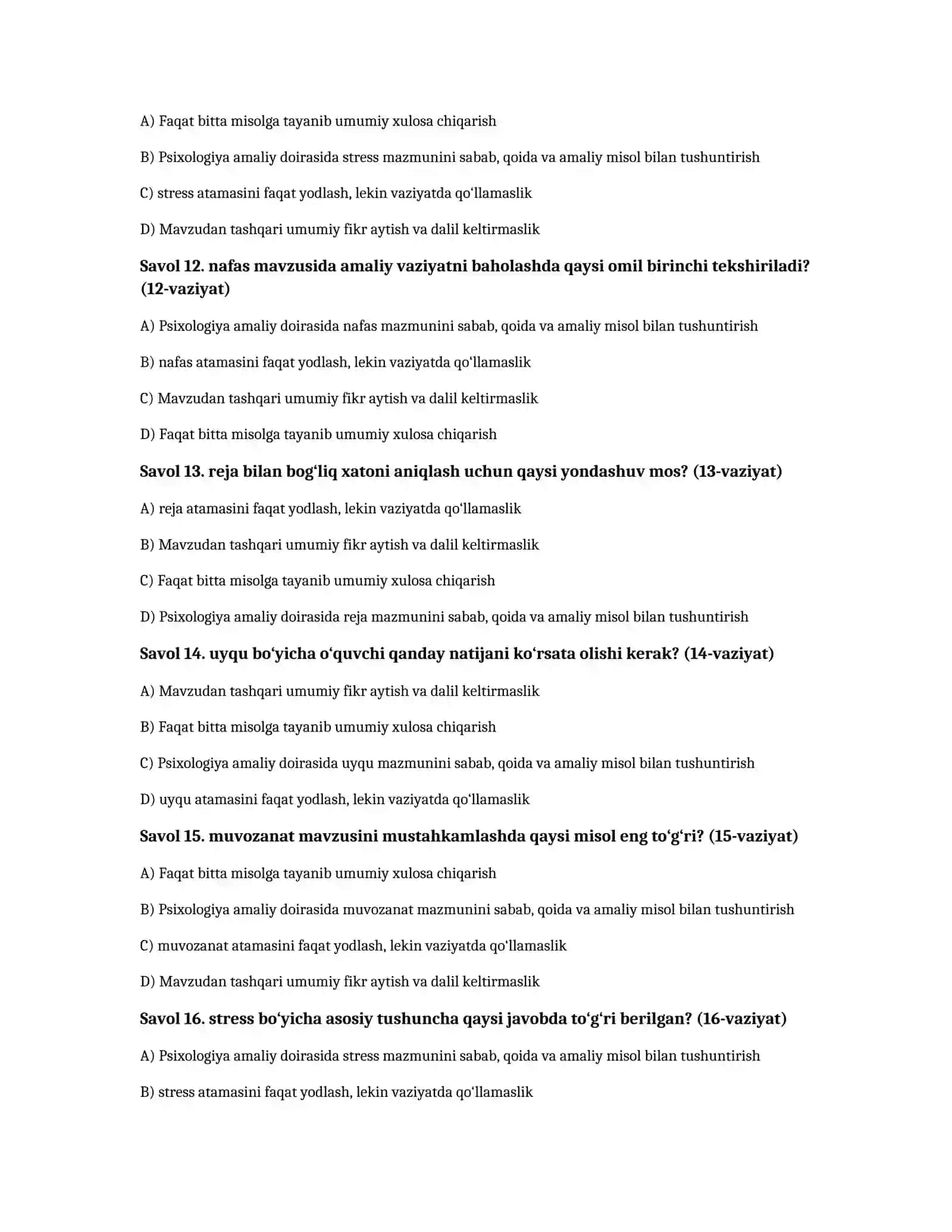 Stress boshqaruvi va emotsional barqarorlik — 100 test 3