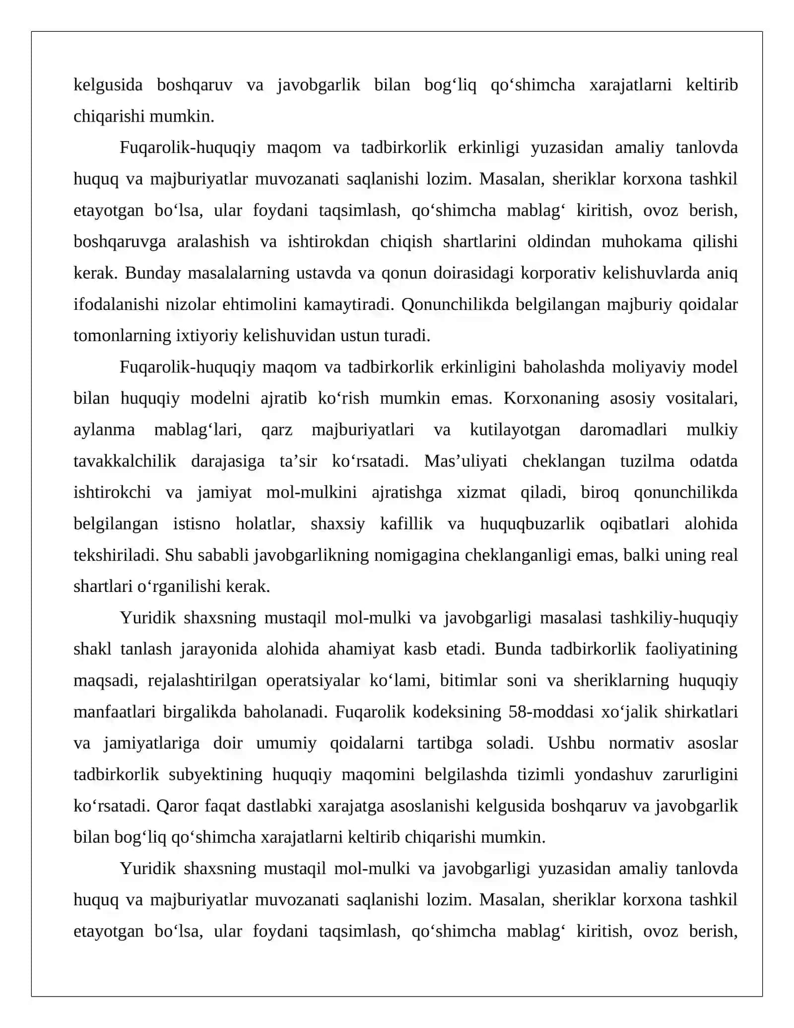 Tadbirkorlik faoliyati uchun tashkiliy-huquqiy shakl tanlash ishtirokchilar soni, sarmoya jalb qilish va mulkiy xatarlar asosida yechim ishlab chiqish.docx 3