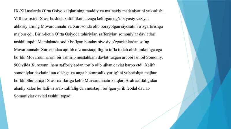 IX-XII asrlarda mamlakatimiz hududida ro'y bergan madaniy uyg'onish (Renessans).Buyuk allomalarning jahon sivilizatsiyasiga qo'shgan hissasi 3