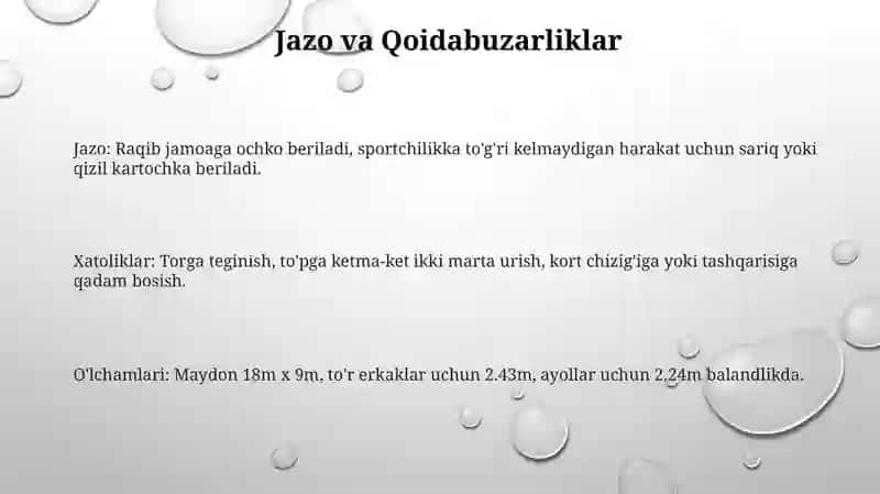 Volebol Òyin qoidalari va Õlchamlari 3
