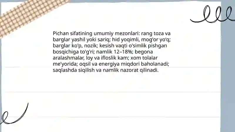 Pichan sifatini baholash.jamgʻarilgan dagʻal ozuqalar miqdorini aniqlash 3