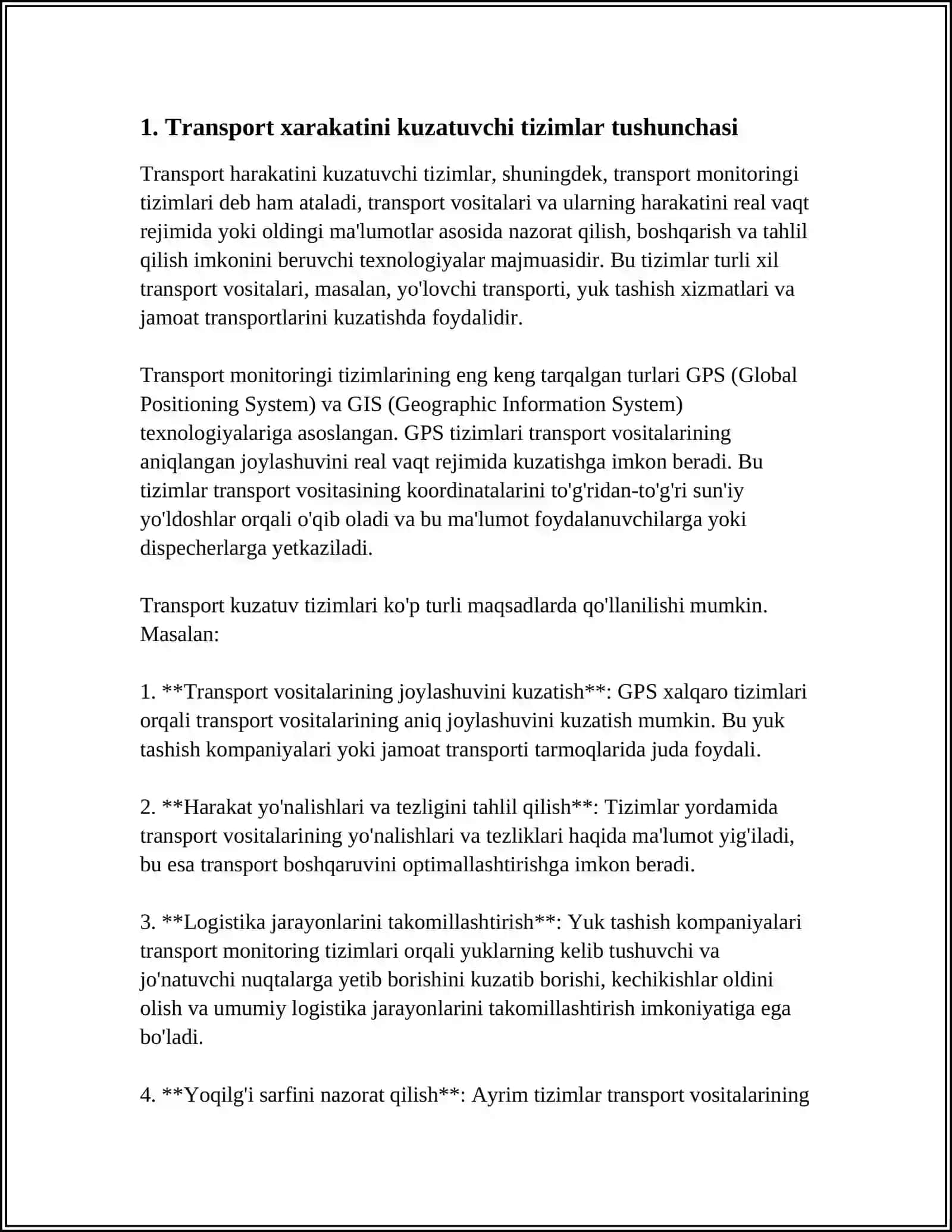 TRANPORT XARAKATINI KUZATUVCHI TIZIMLARNI TUZILISHI VA U YERDA QO‘LLANILADIGAN SP TURLARI, PARAMETRLARI VA ISHLASH TARTIBI 3