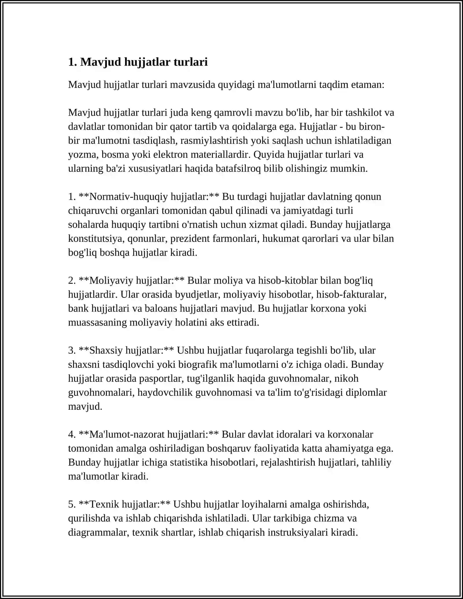 BIZNES-REJA TUZISHDA QO‘LLANILADIGAN HUJJATLARNING TURLARI VA MAZMUNI 3