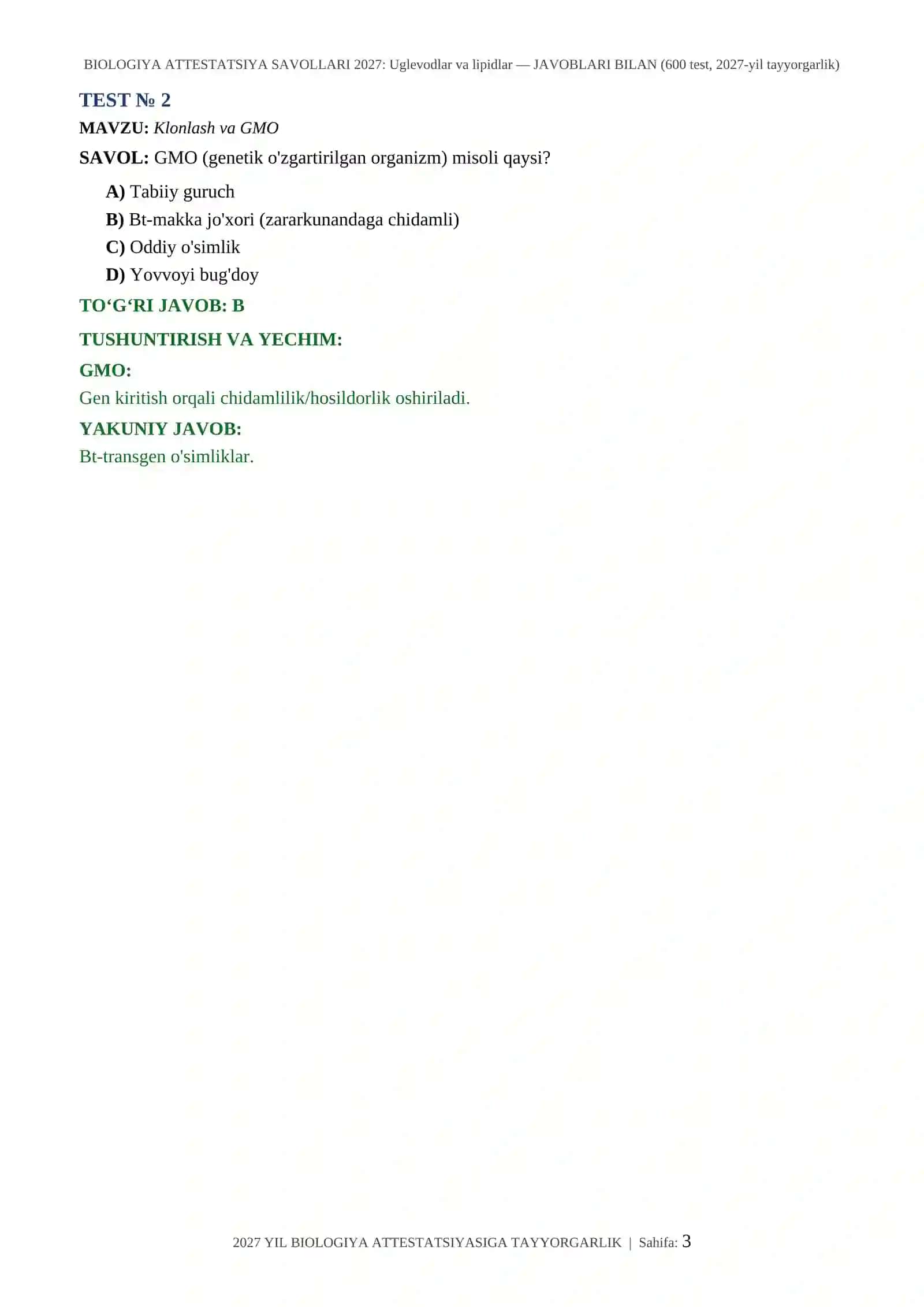 BIOLOGIYA ATTESTATSIYA SAVOLLARI 2027: Uglevodlar va lipidlar — JAVOBLARI BILAN (600 test, 2027-yil tayyorgarlik) 3