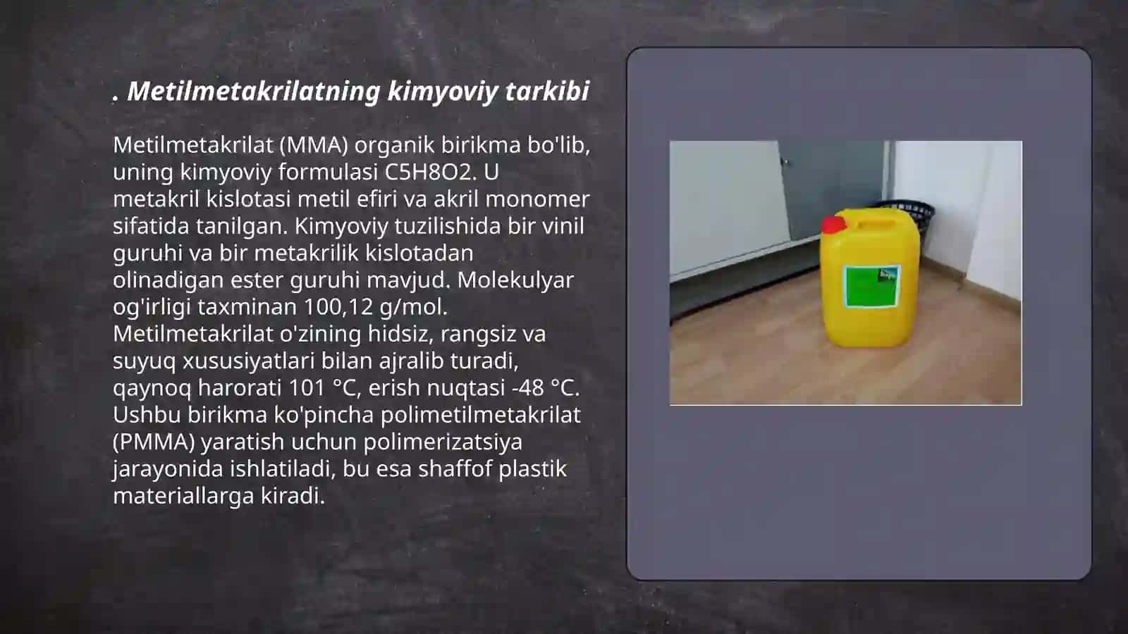 Metilmetakrilatning metakril (yoki akril) kislotasi bilan sopolimerlanishi laboratoriya mashg'ulotiga tayyorgarlik ko'rish 3
