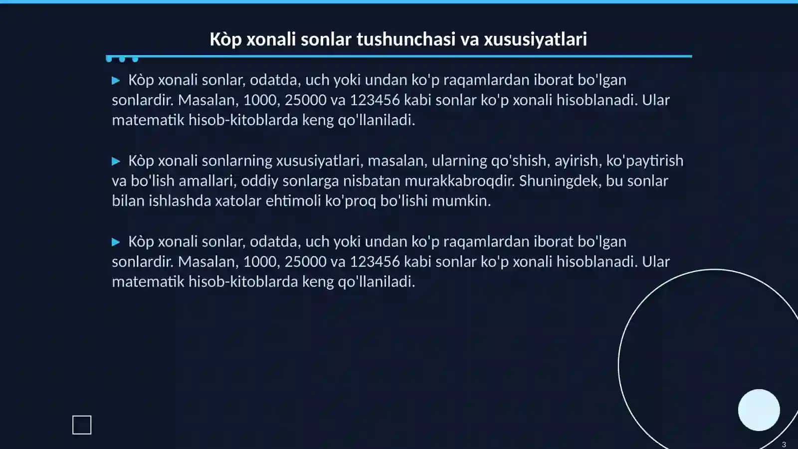 Kòp xonali sonlar va arifmetika amallari 3