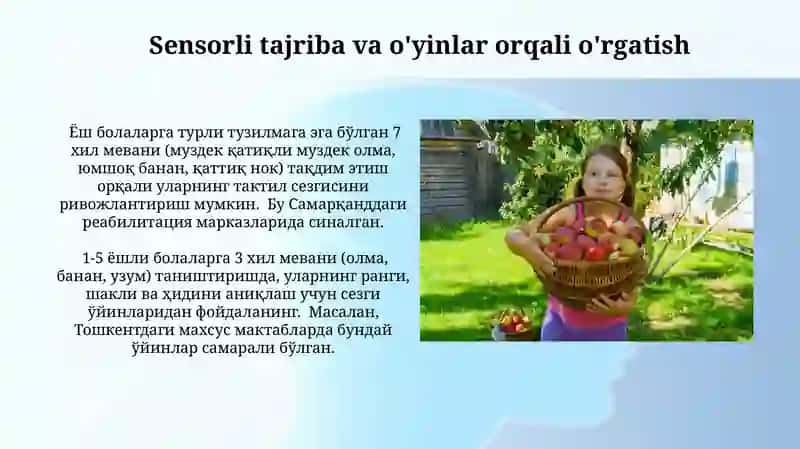 Aqli zaif bolalarga mevalarni tanitish 3