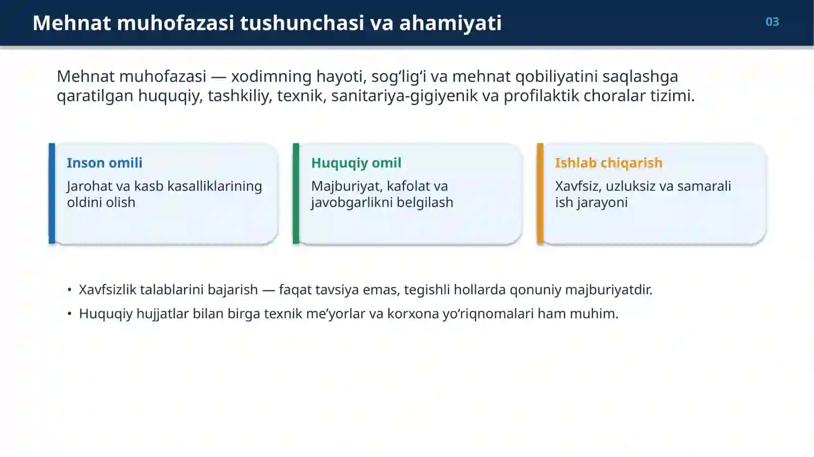 MEHNAT MUHOFAZASI TO‘G‘RISIDAGI QONUNLAR VA ME’YORIY HUJJATLARNI O‘RGANISH 3