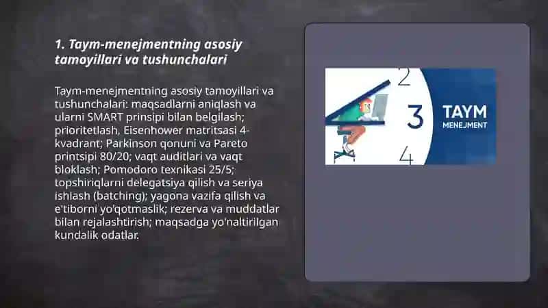 Taym-menejment. O‘qish va ishda vaqtni samarali boshqarish usullari 3