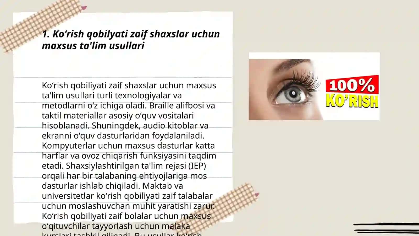 Koʻrish qobilyati zaif shaxslar uchun maxsus ta'lim usullari 3