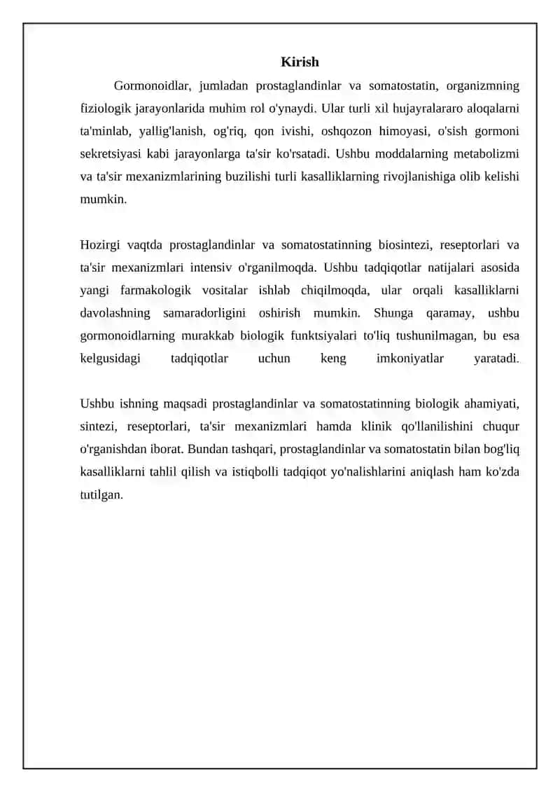 Gormonoidlar: Prostaglandinlar va ularning biologik ahamiyati va samatastatin haqida 3