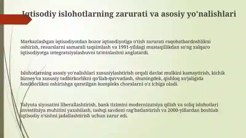 O'ZBEKISTONDA IQTISODIY ISLOHOTLARNING AMALGA OSHIRILISHI BOZOR MUNOSABATLARNING SHAKKANISHI 3