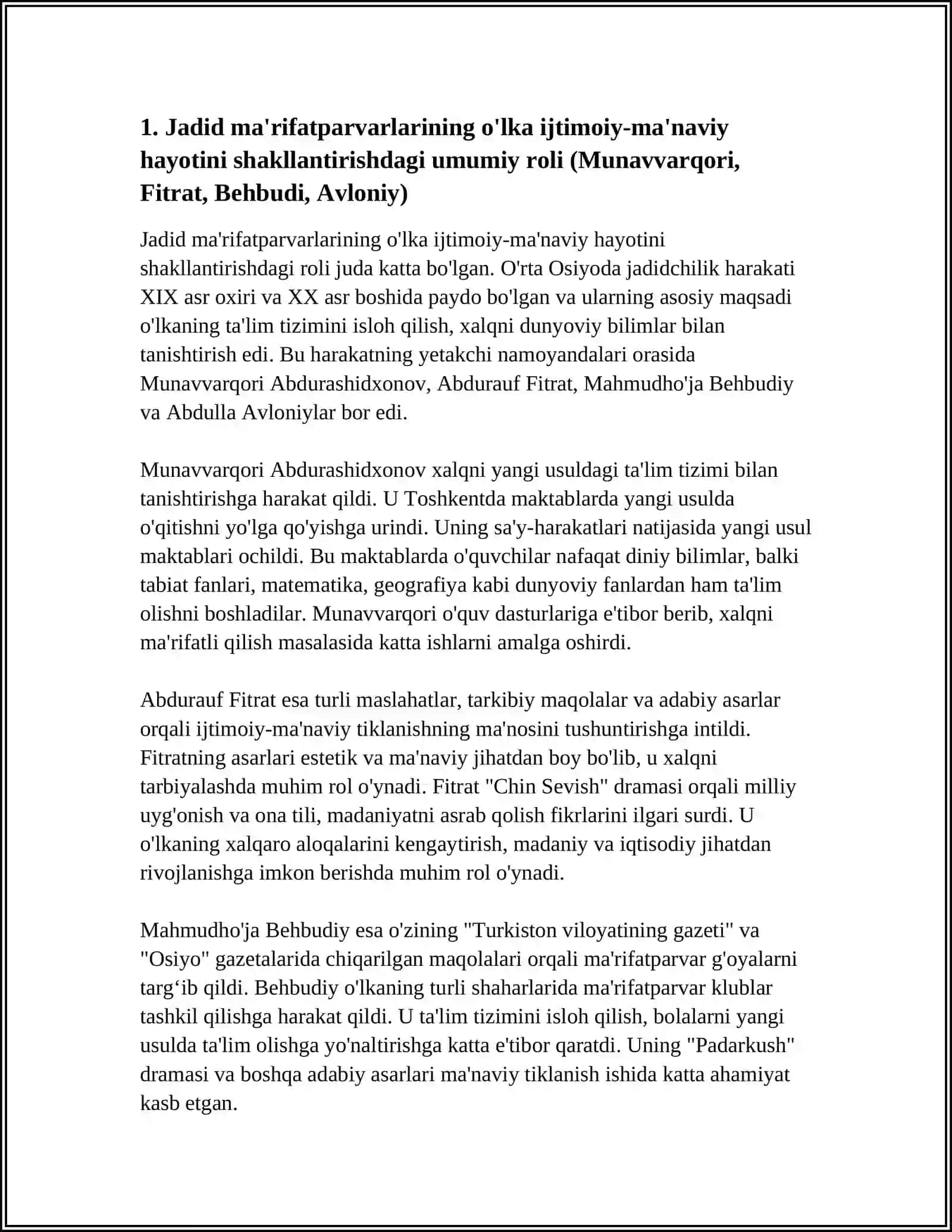 JADID MA'RIFATPARVARLARINING O'LKA IJTIMOIY - MA'NAVIY HAYOTIDA TUTGAN O'RNI(MUNAVVARQORI, FITRAT, BEHBUDIY, AVLONIY VA BOSHQALAR ) 3