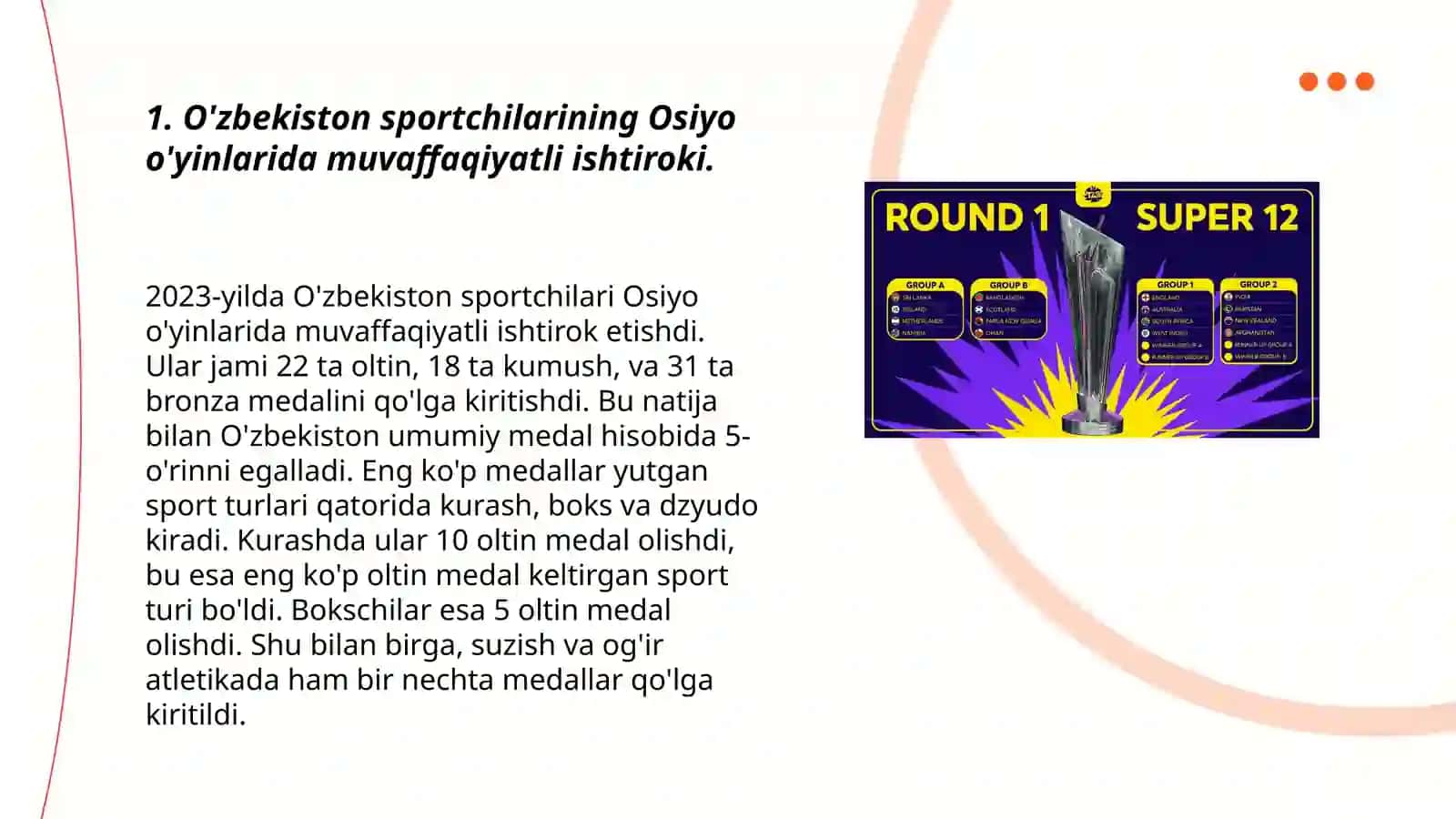 O'zbekiston sportchilarining Osiyo, jahon va Olimpiya o'yinlaridagi ishtiroki 3