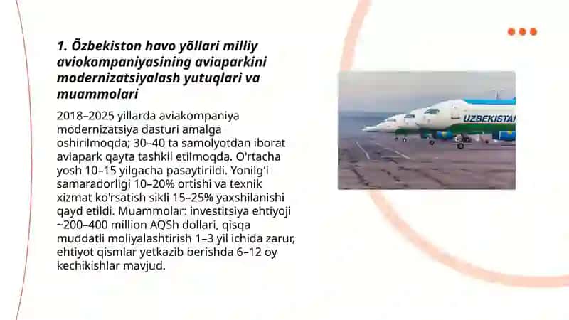 Õzbekiston havo yõllari milliy aviokompaniyasini yutuqlari va rivojlantirish muammlari 3