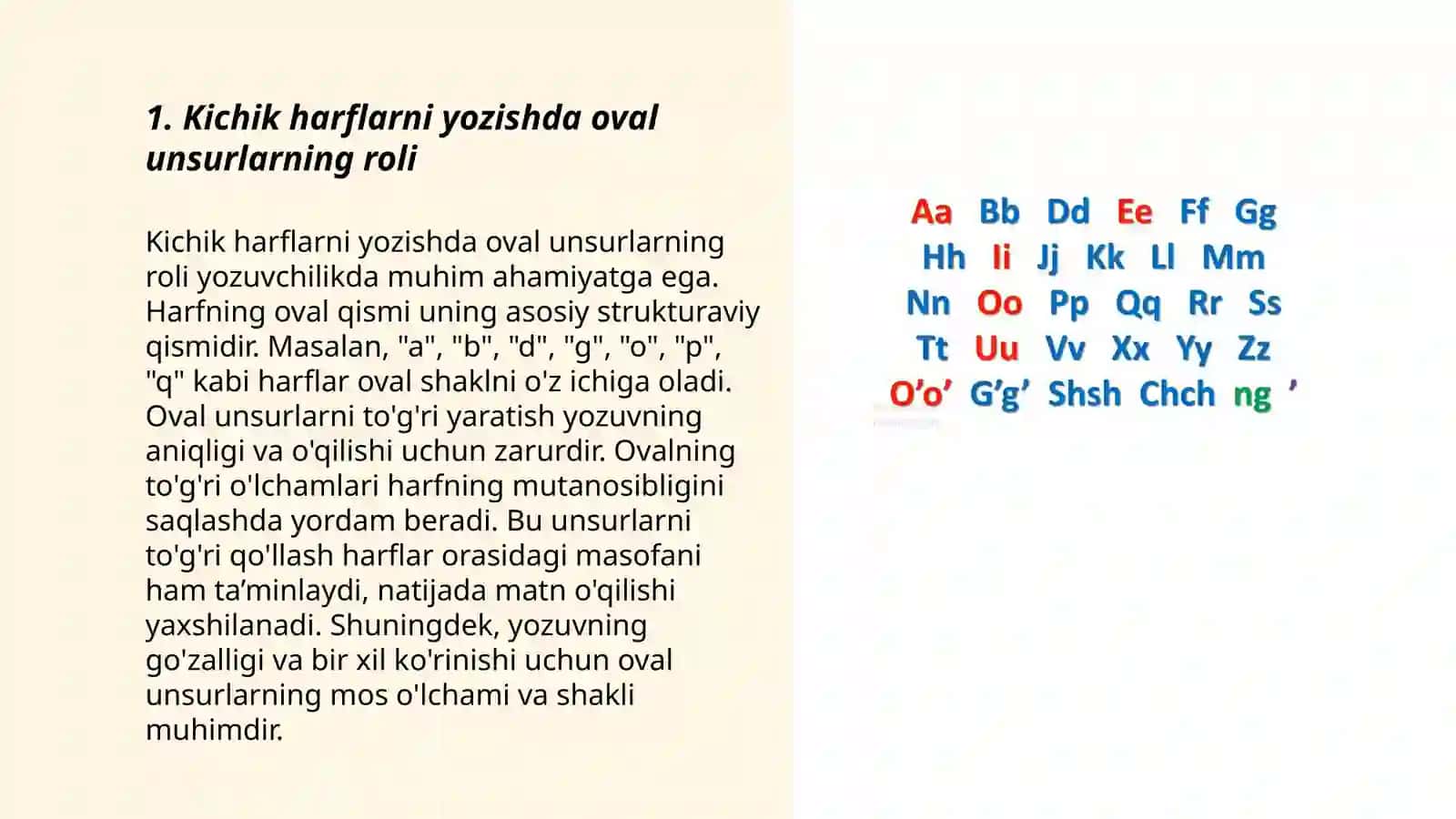 Yarim va toʻliq oval unsurli kichik harflarni guruhlash va yozish 3
