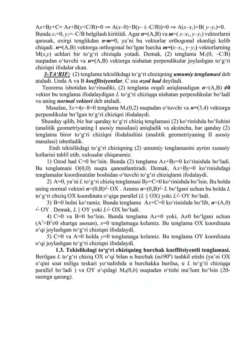 Fazoda analitik geometriya  elementlari. To`g`ri chiziq va tekislik tenglamalari 3