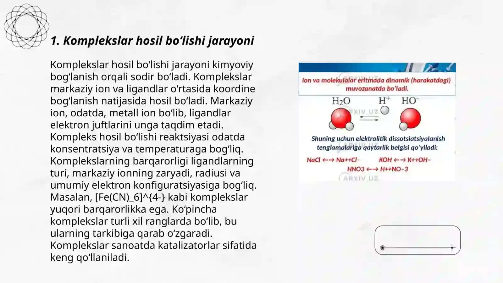 Komplekslar hosil bolishi va ularni dissotsiatsiyalanish jarayoniga massalar ta'siri qonunining tadbiqi 3