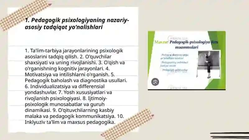 Pedagogik psixologiyasining asosiy tadqiqot yoʻnalishlari 3