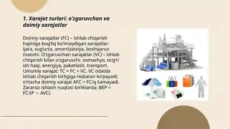 Ishlab chiqarish xarajatlarini minimallashtirish shartlari va korxonaning zararsiz ishlash nuqtasini hisoblash yo'llari 3