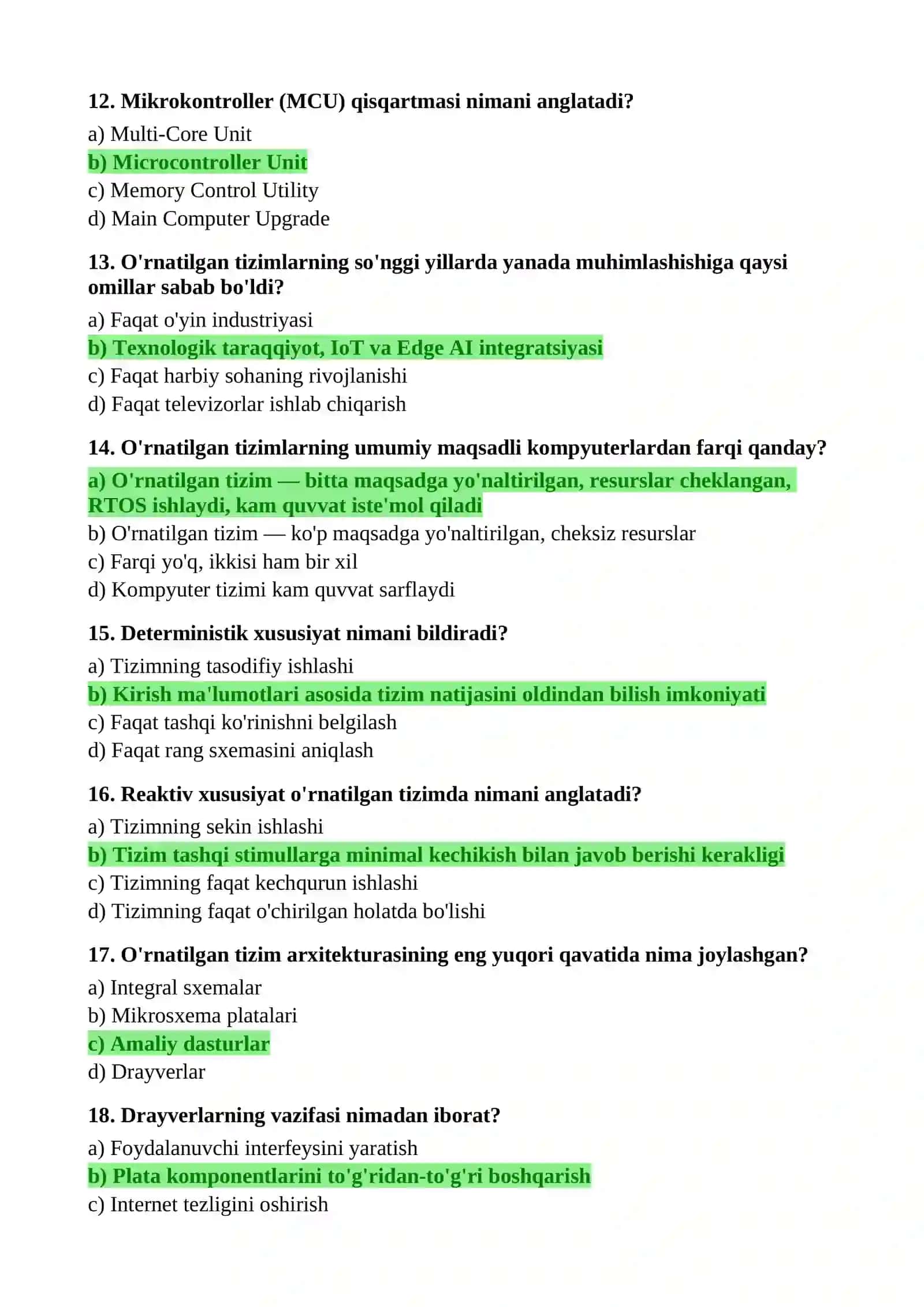 O'rnatilgan tizimlar fanidan testlar 3