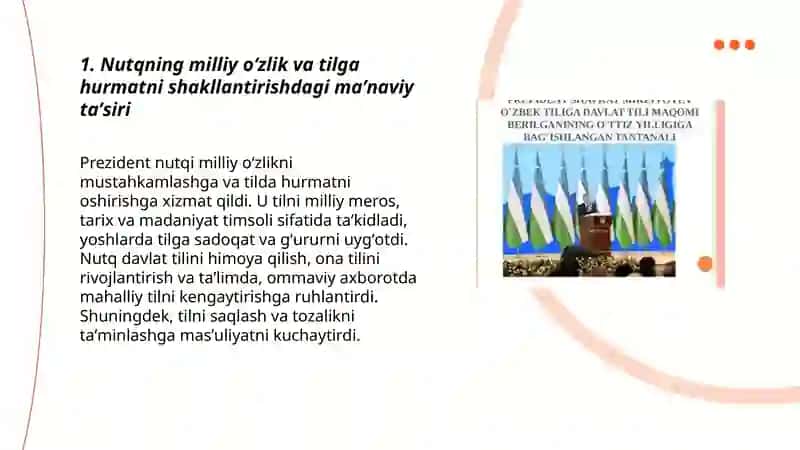 Prezident Sh.Mirziyoyevning Oʻzbek tiliga davlat tili maqomi berilganligining oʻttiz yilligiga bagʻishlangan tantanali marosimdagi nutqining maʼnaviy - maʼrifiy qimmati 3