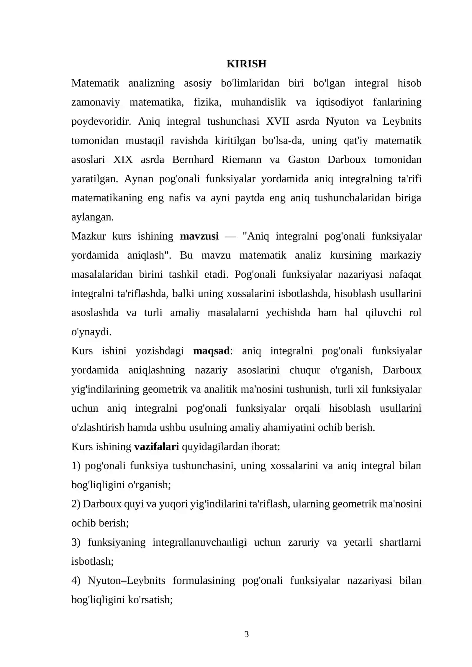 ANIQ INTEGRALNI POG'ONALI FUNKSIYALAR YORDAMIDA ANIQLASH MAVZUSIDAGI KURS ISHI 3