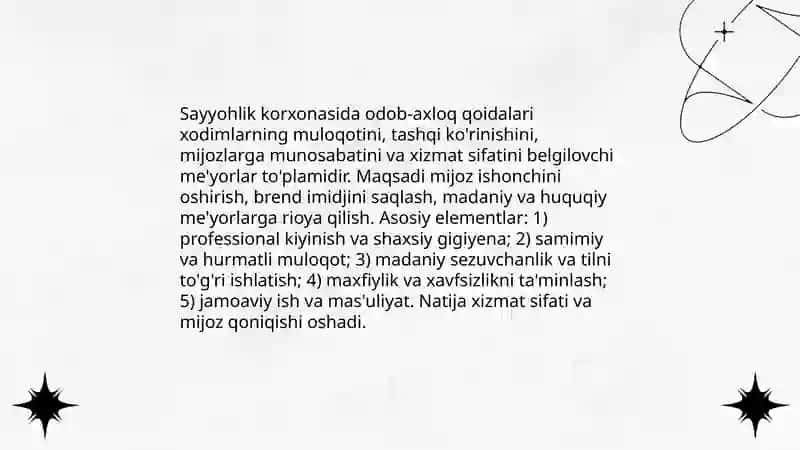 Sayyohlik korxonasi faoliyatida odob -axloq qoidalarining ahamiyati 3