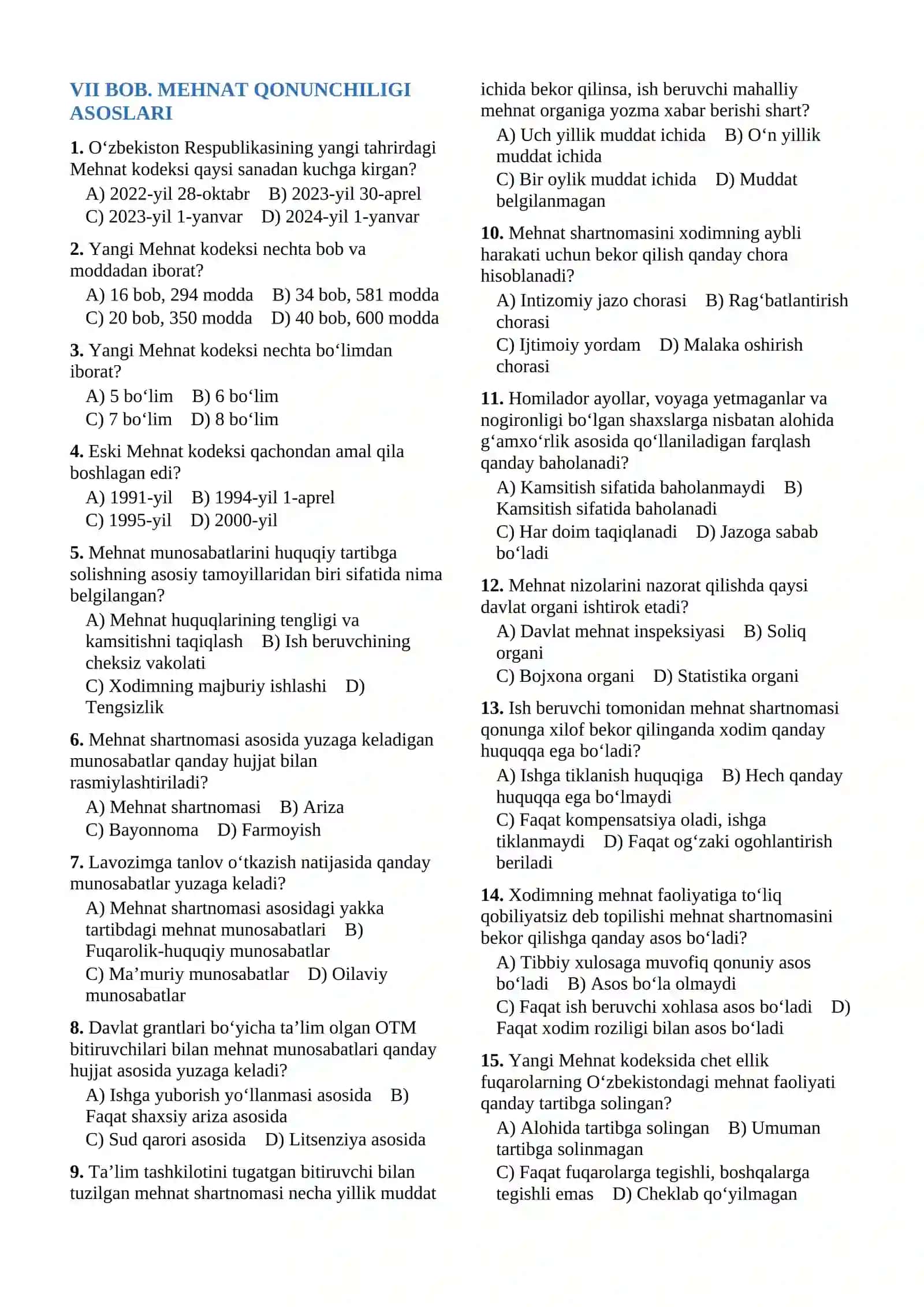 DAVLAT FUQAROLIK XIZMATCHILARI LAVOZIMLARI LAVOZIMLARIGA TANLOV TEST SAVOLLARI TO‘PLAMI — 2026 (2-QISM) 3