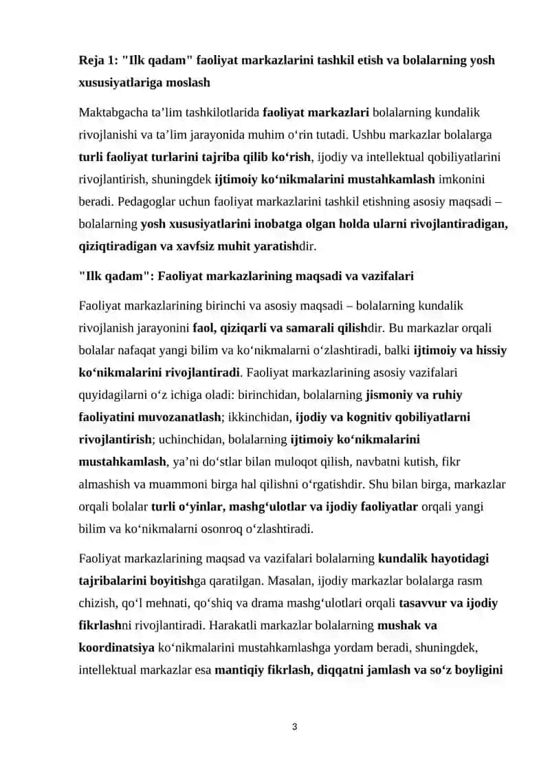 Ilk qadam davlat o‘quv dasturi asosida maktabgacha ta’lim tashkilotlarida faoliyat markazlarida ta’lim jarayonlarini tashkil qilish 3