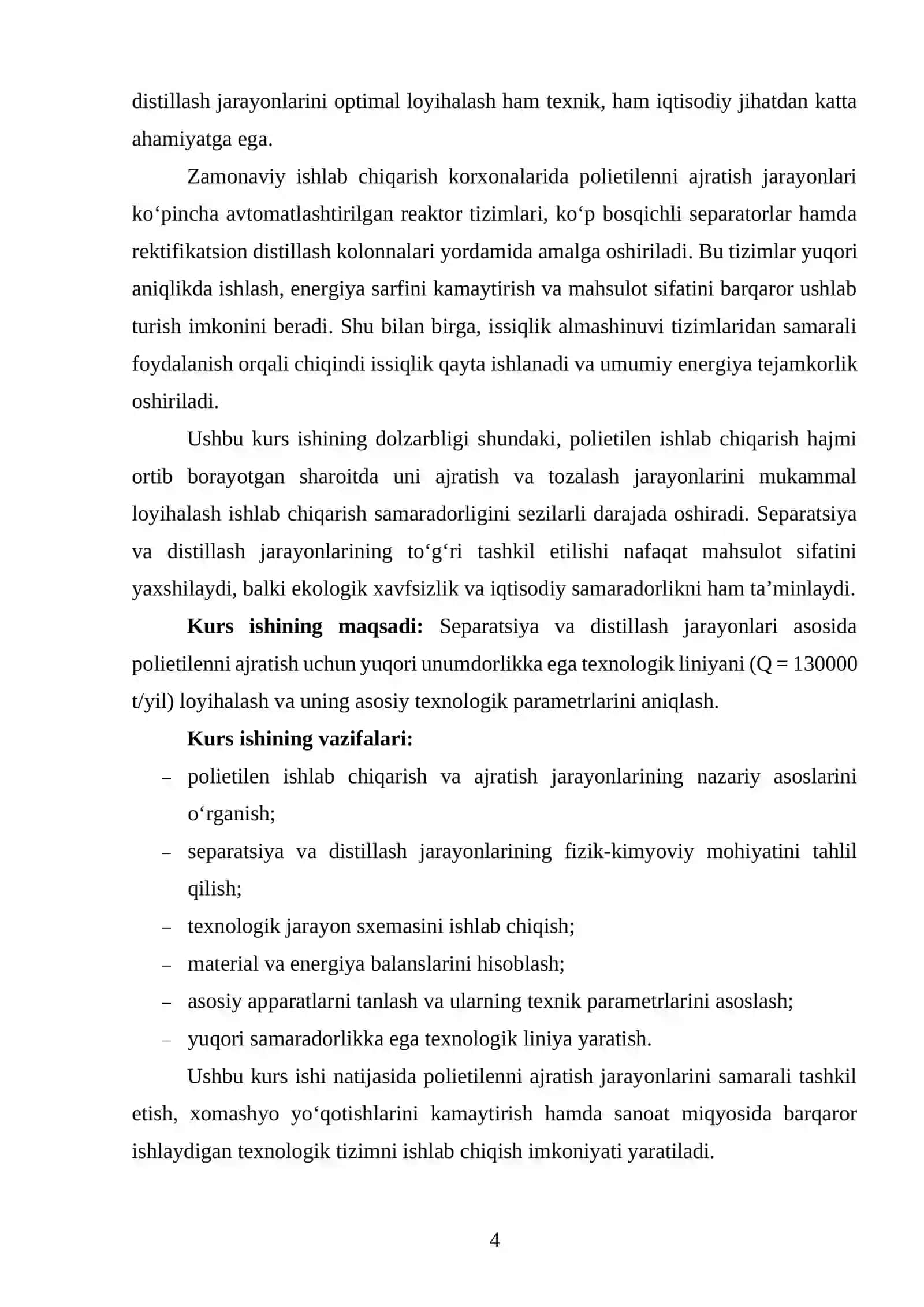 Separatsiya va distillash jarayonlarida PE ni ajratish texnologik liniyasini loyihalash. Q=130000 t/yil. 3
