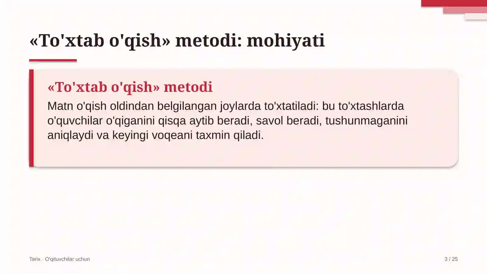 tarix darslarida to'xtab o'qish metodidan foydalanish 1315 3