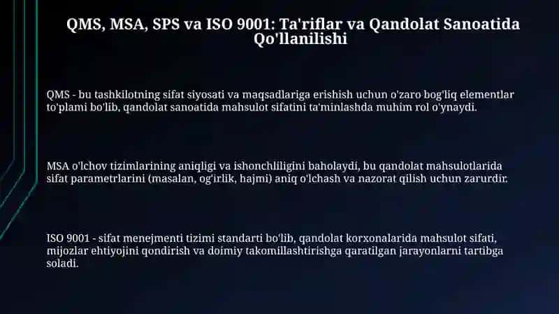 QMS MSA SPS va ISO 9001: Ta'riflar va Qandolat Sanoatida Qo'llanilishi 3